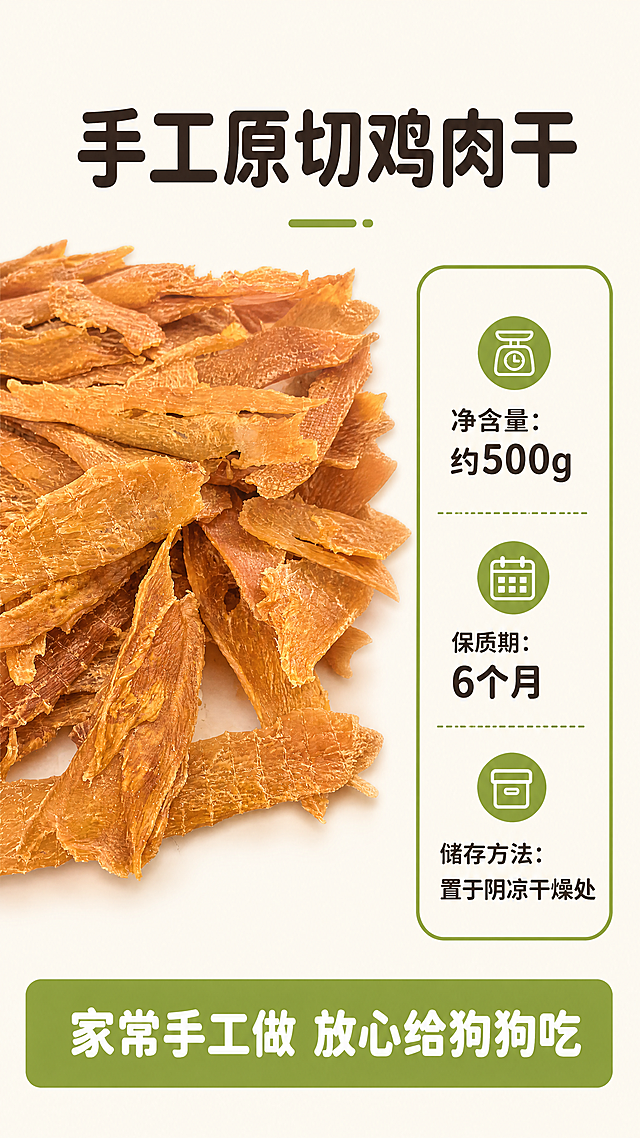 [第8屏] 规格信息收尾屏-产品规格选购与号召囤货。本屏使用【图1】作为鸡肉干主体展示，放在画面左上区域。[氛围/风格] 简洁信息展示，温馨收尾，商业信息清晰质感。[元素布局] 左上展示鸡肉干产品，保持原有纹理颜色和形状与输入图片一致，右侧为规格信息区，底部为行动号召文案，整体上下平衡布局。背景为浅米黄色，和全局底色保持一致，信息分区清晰。[光影质感] 均匀柔光，产品和文字信息都清晰可读，整体干净明亮。[配色色系] 全局底色：#F9F6F0（浅米黄）；主体配色：#D49A4E（鸡肉干浅棕黄）+ #859F3D（信息框绿）；辅助色：#333333（标题深棕），配色体系和首屏一致。[视角构图] 左产品右信息，9:16竖版构图，信息布局清晰，不拥挤。[文字版式] 顶部大标题「手工原切鸡肉干」深棕色圆角黑体居中；右侧规格信息：净含量：约500g，保质期：6个月，储存方法：置于阴凉干燥处。底部绿色信息条配白色号召文案「家常手工做 放心给狗狗吃」，主标题字号大，规格文字清晰适中，全部使用深棕色/白色圆角黑体，纯色填充，字体风格和首屏保持一致。[比例分辨率] 9:16竖版比例，4K分辨率，文字清晰可辨，超高清。[负向提示词] 鸡肉干变形，纹理缺失，颜色偏差，水印，文字错乱，背景杂乱，极限词，虚假宣传。