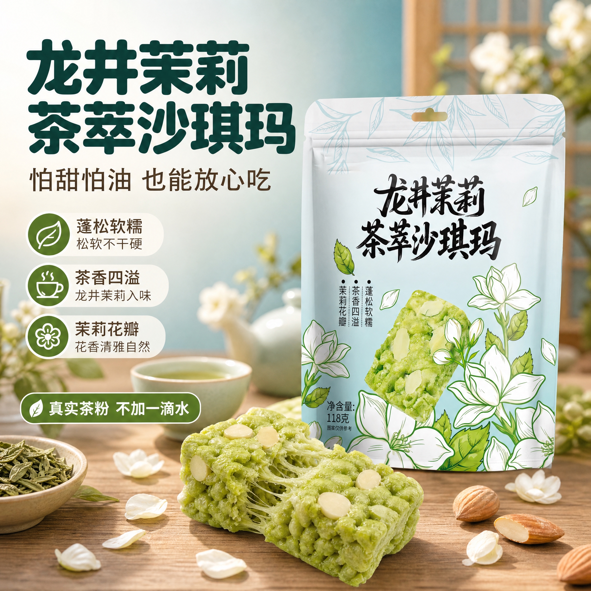 [主图-1] 抖音首图/点击率：龙井茉莉茶萃沙琪玛场景海报，突… - 图片创意预览