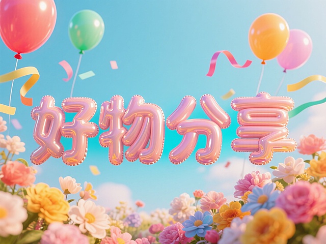 “好物分享”的充气大字，背景可爱，有鲜花气球彩带