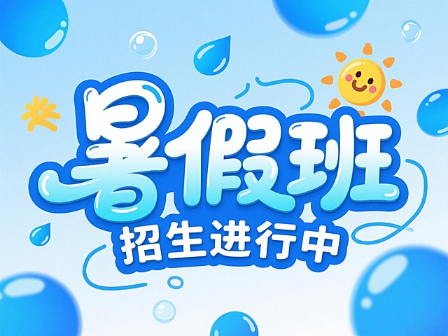 卡通风格暑假班招生宣传海报，以明亮的蓝色为主色调，搭配白色和浅蓝色渐变，文字采用活泼的手写体艺术字设计，"暑假班"三个字为主要视觉焦点，字形圆润饱满，带有欢快的弧度和装饰性线条，"招生进行中"文字稍小位于下方，整体排版紧凑且富有动感。背景点缀着多个蓝色的水滴、气泡和太阳图案元素，营造出轻松愉快的暑假氛围，视觉层级清晰，信息传达直接，符合面向学生和家长的宣传目的，画面充满夏日活力与童趣感。