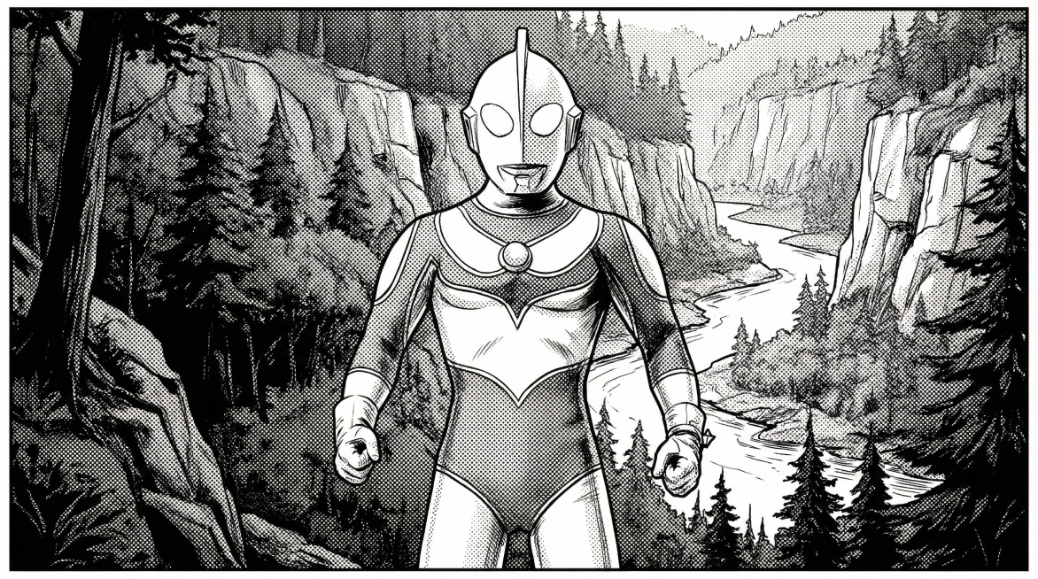 将这张奥特曼图片转换为16:9黑白漫画风格，背景改为森林山谷场景，保持人物主体造型不变，转换出漫画线条和黑白网点质感预览效果