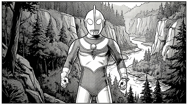 将这张奥特曼图片转换为16:9黑白漫画风格，背景改为森林山谷场景，保持人物主体造型不变，转换出漫画线条和黑白网点质感