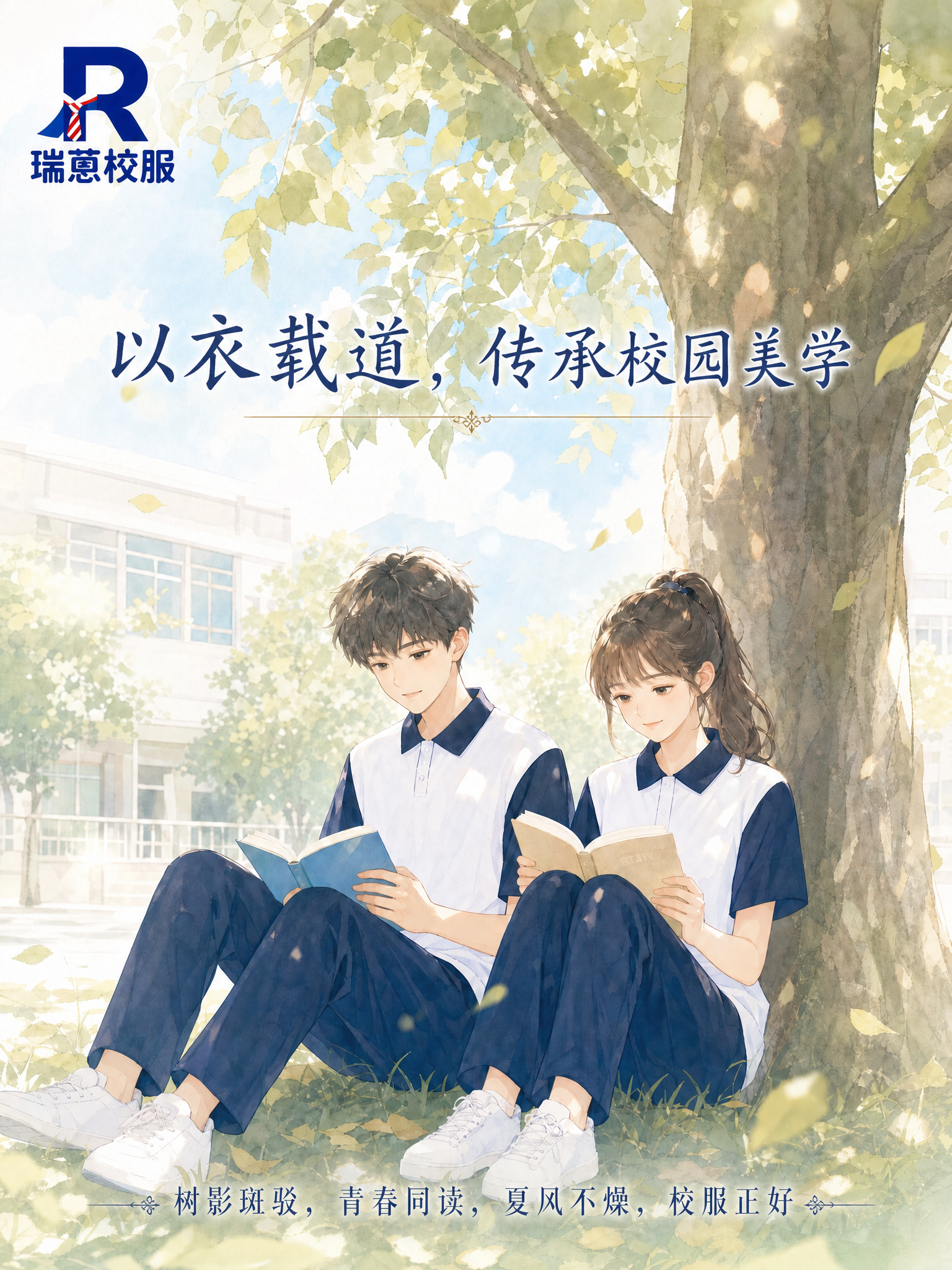 在图片上方添加文字“以衣载道，传承校园美学”，在图片下方添加文… - 图片创意预览