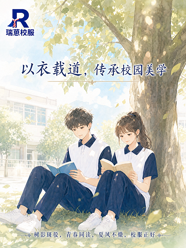 在图片上方添加文字“以衣载道，传承校园美学”，在图片下方添加文字“树影斑驳，青春同读，夏风不燥，校服正好”，保持图片原本内容、水彩风格和树下校园场景不变，文字配色协调美观