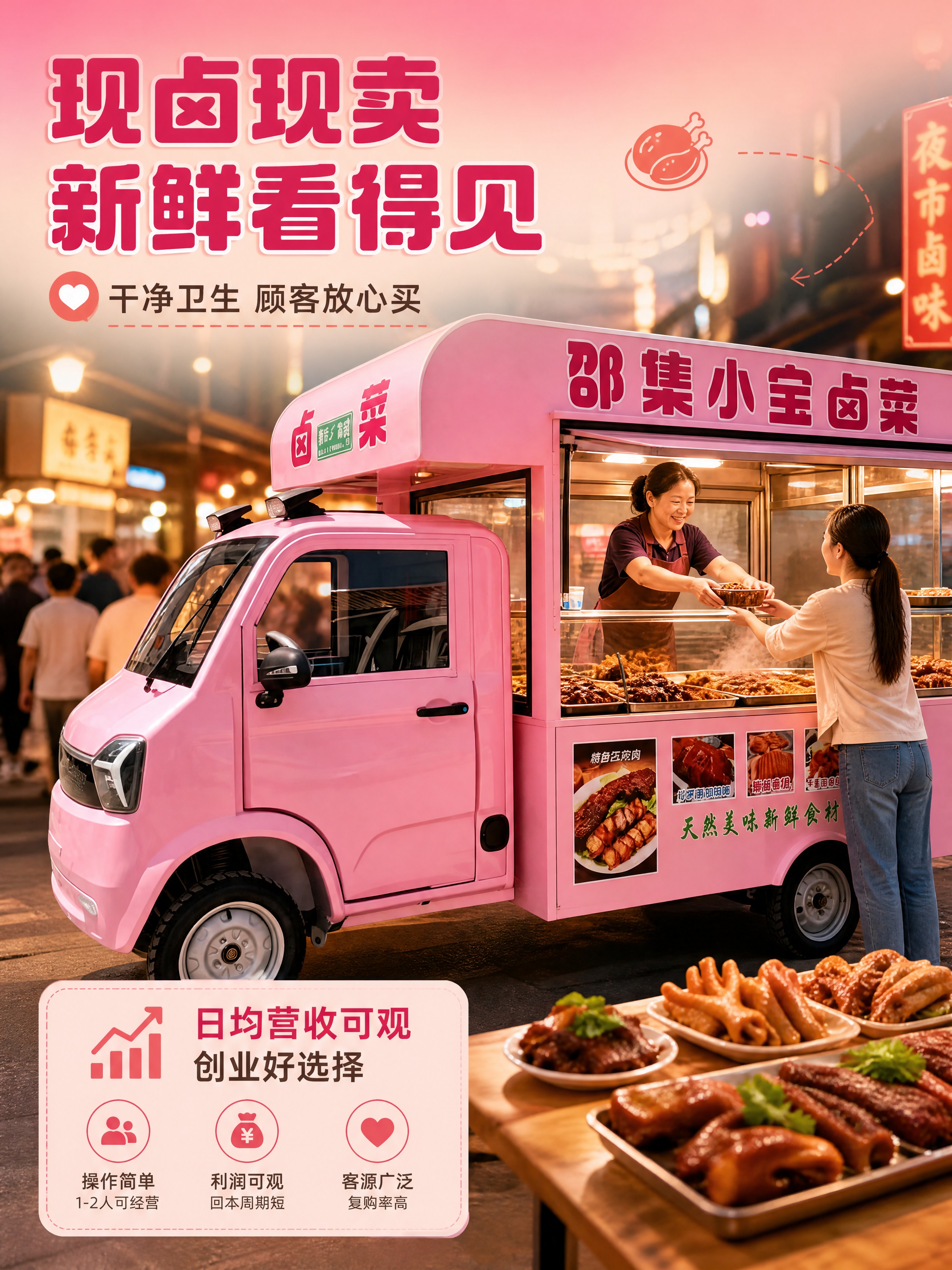 [商品] 使用【图1】粉色电动四轮卤菜餐车左前45°视角；保留… - 图片创意预览