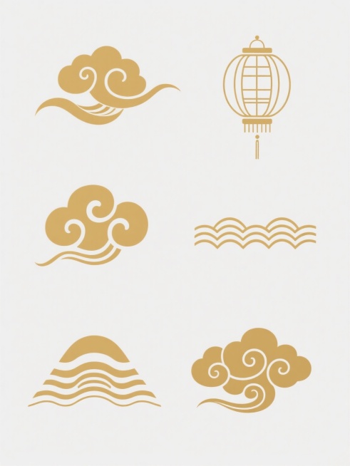 白色背景上，整齐排列着六个不同样式的国风元素，均为金色，包括流畅的云纹、灯笼图案、几何祥云、波浪形云饰、层叠云纹和卷曲云纹，采用简约线条和色块结合的设计风格，线条平滑，色彩均匀，具有传统中国风的雅致与简洁美感。预览效果