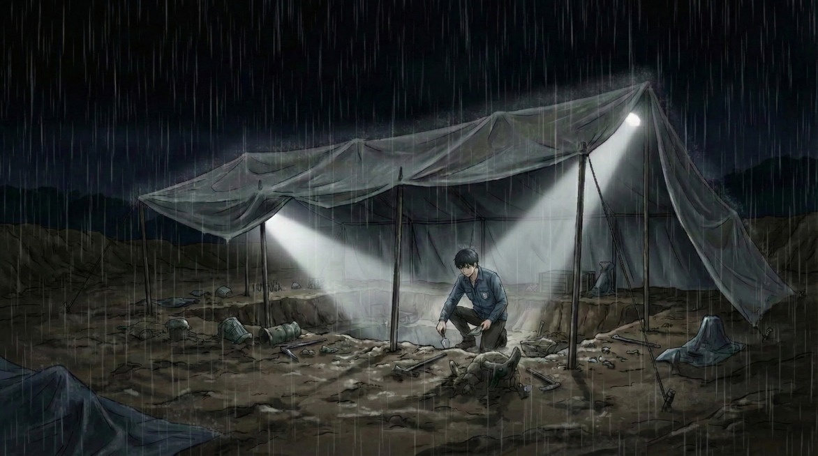 动漫风格，远景，夜幕如墨，细密雨丝织成灰白雨幕，笼罩着野外考古现场的临时防雨棚；地面泥泞不堪，探照灯的惨白光束穿透雨幕，照亮防雨棚下刚揭露一角的西周祭祀坑，坑边散落着考古工具，林牧蹲在坑内，林牧形象识预览效果