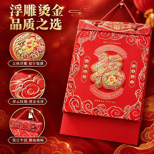 [主图-3] 材质细节与品质展示，突出撕历的浮雕烫金工艺、纸张质感和精美做工，体现高端品质感。严格保留产品本身样子，不改动产品外观。
[统一基调] 整体风格为传统年俗喜庆风，背景主色为中国红渐变搭配金色祥云暗纹，标题字色为烫金色，辅助字色为米白色，强调色为正红色，字体为大气宋体结合，字号层级分明，信息卡片用金色描边红底样式，整体传递高端喜庆的年历福文化质感。
[画面] 产品特写占据画面主要位置，偏右侧，以45度角展示封面立体浮雕福字细节，金色花纹在光线下闪烁金属光泽，红色纸面纹理细腻可见，祥云边框浮雕感强。画面左侧和下方分布3个圆形放大框，分别放大展示：浮雕福字花纹细节、祥云边框烫金工艺、装订打孔与挂绳细节。背景为深红色渐变，有微弱的光晕效果突出产品质感。
[光影质感] 微距商业摄影质感，主光侧打突出浮雕凹凸立体感，金色部分有强烈金属反光，红色纸面纹理清晰，边缘裁切整齐，整体质感高级精致，产品图案与原图完全一致。
[配色] 主色中国红+烫金色，放大框内保持产品本色，背景深红，整体色调浓郁有质感。
[文字版式] 左上角标题"浮雕烫金 品质之选"烫金色大字。三个放大框下方各配一行说明文字："立体浮雕 福字饱满"、"祥云纹饰 烫金光泽"、"装订牢固 撕取顺畅"，米白色小字。文字不遮挡主要细节区域。
[输出要求] 1:1正方形比例，2K分辨率，细节清晰锐利，浮雕烫金质感真实，产品外观与原图一致，无变形错字，无水印无平台Logo。