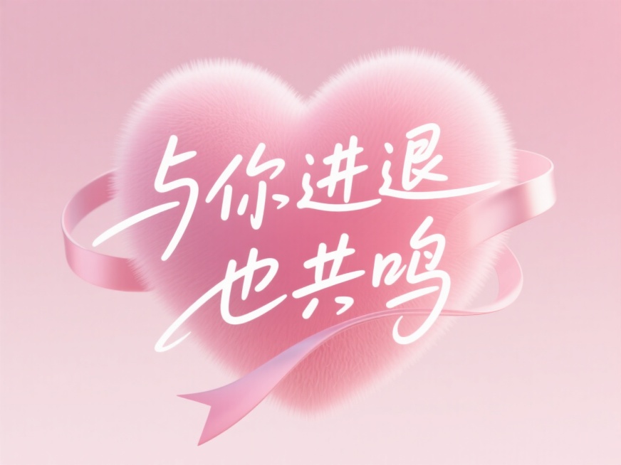 白色文字“与你进退 也共鸣”，粉色渐变背景，一颗淡粉渐变绒毛质感的3D立体爱心，丝带穿插画面。预览效果