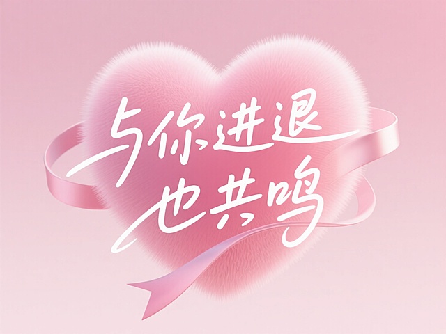 白色文字“与你进退 也共鸣”，粉色渐变背景，一颗淡粉渐变绒毛质感的3D立体爱心，丝带穿插画面。