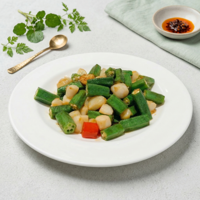 保留图片里的圆形白瓷盘和盘中的秋葵炒鲜贝菜品完全不变，将背景替换为干净简洁的美食摆拍风格背景，风格清新高级，适合美食分享预览效果