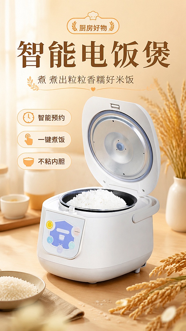 基于上传的电饭煲商品图，制作一张竖版整版电商海报，9:16比例，洁净生活风，暖调厨房质感，简约高级。电饭煲100%还原上传商品图的产品外形、结构、颜色、材质、按键面板、开盖状态与内胆白米饭，以上传图为唯一商品主体来源，完整保留原图中的白色机身、彩色按键面板、开盖内盖结构、内胆与米饭形态，产品外观比例自然，部件完整准确，材质质感与颜色色号保持一致；设计仅作用于背景、光影、道具、版式和文字区；商品主体占比约60%，文字不遮挡主体。

画面为生活展台型视觉预设：暖米色渐变背景，柔和自然光从侧前方打来，电饭煲置于干净的浅木色厨房台面上，周围点缀少量虚化的稻穗、米粒光斑与柔和光晕，营造温馨厨房氛围。背景层次简洁，前景有轻微虚化的米粒光斑，增加景深。

版式精美，信息分区清晰：上方为标题区，中部为产品主视觉，下方为卖点与标签区。

画面中必须完整呈现以下文字信息：
- 主标题："智能电饭煲"
- 副标题："煮出粒粒香糯好米饭"
- 卖点标签（3条）："智能预约"、"一键煮饭"、"不粘内胆"
- 装饰标签："厨房好物"

所有文字清晰可读，主标题字号最大，副标题次之，卖点标签为圆角小标签样式；文字放在画面空白负空间，不遮挡电饭煲主体；整体色调以米白、暖杏、浅木色为主，点缀少量暖橙色，干净温馨有品质感。

画面中所有信息区域、卖点标签、装饰区域必须填充完整合理的内容，不得出现空白框、空白占位、横线待填写区域、空列表项、空单元格；确保是完整可用的成品海报而非待填写模板。画面中所有数字必须精确渲染，不得错位、遗漏或编造。超高清画质，材质质感真实，光影柔和自然。
