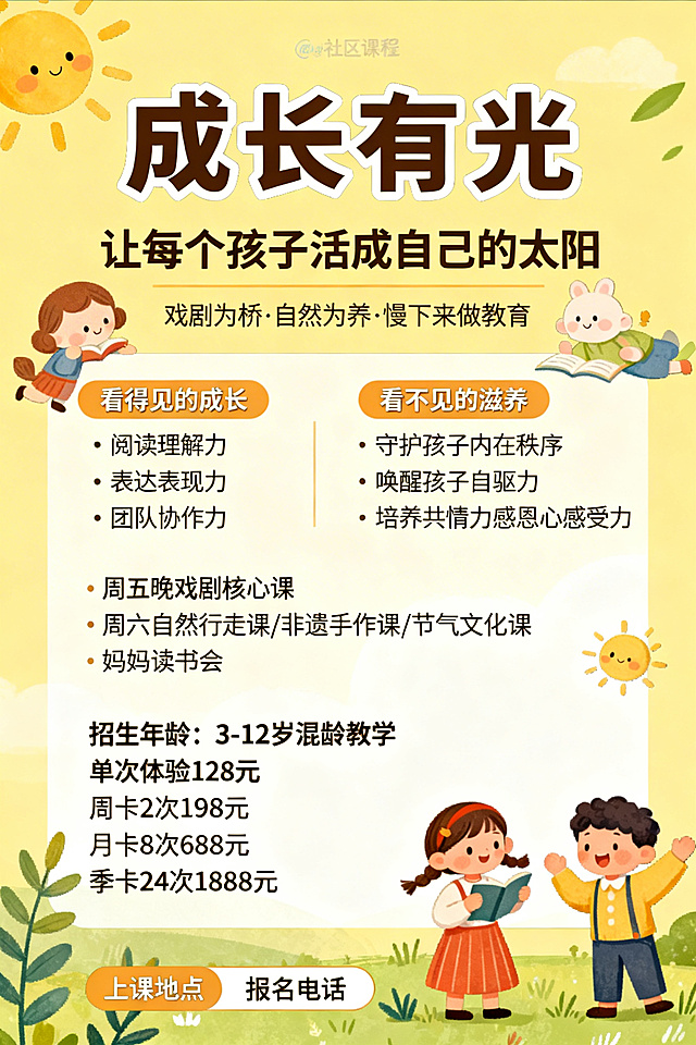 设计成长有光社区课程宣传单，暖黄色明亮治愈风格，主标题为'成长有光'，副标题为'让每个孩子活成自己的太阳'，下方标注'戏剧为桥 · 自然为养 · 慢下来做教育'。分区展示内容：一是看得见的成长，包含阅读理解力、表达表现力、团队协作力三点优势；二是看不见的滋养，包含守护孩子内在秩序、唤醒孩子自驱力、培养共情力感恩心感受力三点。再列出课程内容：周五晚戏剧核心课，周六自然行走课/非遗手作课/节气文化课，妈妈读书会。标注招生年龄为3-12岁混龄教学，收费标准依次为单次体验128元、周卡2次198元、月卡8次688元、季卡24次1888元，底部预留上课地点和报名电话位置。整体排版清晰活泼，搭配儿童戏剧、自然互动的可爱插画元素，色彩柔和温馨。