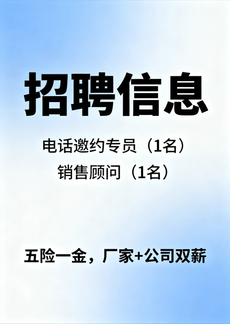 简约商务风格招聘海报，背景为浅蓝渐变，整体清晰整洁，画面上方加粗大字写招聘信息，下方清晰标注两个招聘岗位：“电话邀约专员”“销售顾问”，各招1名，底部醒目展示福利信息：“五险一金，厂家+公司双薪”，排预览效果
