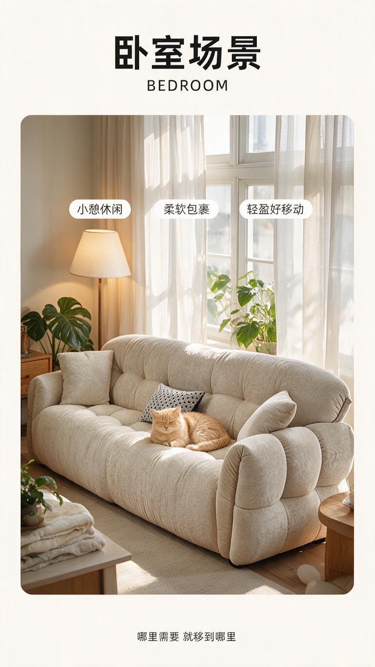 图生图模式：基于提供的米白色云朵风布艺沙发产品图，生成电商详情… - 图片创意预览