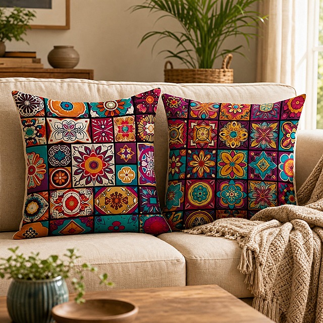 Two bohemian printed pillow covers placed on cream-colored fabric sofa, cozy modern living-room interior, wooden coffee table, green potted plant, knitted throw blanket, natural soft daylight, warm home atmosphere, realistic lifestyle photograph, no text