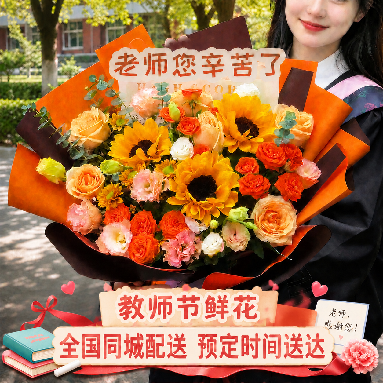 参考第一张图的格式，在这张花束图片底部添加相同风格的教师节促销… - 图片创意预览