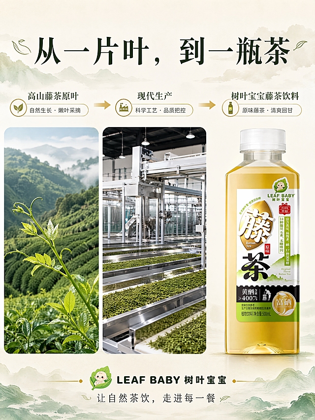 [商品] 使用【图1】树叶宝宝藤茶饮料；保留透明方瓶、白色瓶盖、金黄茶汤、瓶身全部标签文字与图案、树叶宝宝LEAF BABY Logo；产品放在画面右侧成品区，瓶身完整清晰。
[画面] 第8屏品牌实力，目标：建立原料→生产→成品的品牌品质认知。三段式横向视觉流程「高山藤茶原叶 → 现代生产 → 树叶宝宝藤茶饮料」。左侧：恩施茶园风光+藤茶原叶特写（参考【图4】茶园、【图7】藤茶嫩叶）；中间：现代化生产车间内部，不锈钢生产设备、传送带、整洁的厂房环境（参考【图6】生产车间场景，以及【图3】工厂大楼的现代化气质）；右侧：树叶宝宝成品展示。三段之间用向下箭头+文字连接，体现从一片叶到一瓶茶的过程。整体体现自然原料+现代生产+年轻品牌。
[视觉] 套系策略：风格=高端东方茶饮品牌电商详情页，自然清新、东方高级、年轻干净、有品质感；标题字=东方人文宋体（粗重），横排；正文字=现代无衬线体，简洁清爽；主色=米白色、茶叶绿色、深山墨绿色、藤茶黄绿色；背景延展=基于米白与茶绿做深浅层级、同色渐变、云雾与山水纹理；强调色=少量金色、茶汤暖黄色，仅用于小面积图标、引线、标签和高光；标题色=深山墨绿；正文色=深茶灰；组件=圆角浅米信息卡、细线引线、茶叶形小图标；光影=自然+工业柔光结合，整体明亮干净。
[文字] 画面上方居中横排大标题「从一片叶，到一瓶茶」；三段视觉分别标注「高山藤茶原叶」「现代生产」「树叶宝宝藤茶饮料」，段间用细箭头连接；画面底部居中横排品牌名「LEAF BABY 树叶宝宝」+ slogan「让自然茶饮，走进每一餐」；所有文字横排，不遮挡产品和场景主体；手机端清晰可读。
[规格] 竖版，4K，medium；避免变形、错字、文字过小、瓶身包装被改写、廉价促销元素、冷蓝灰主调、虚构生产资质。