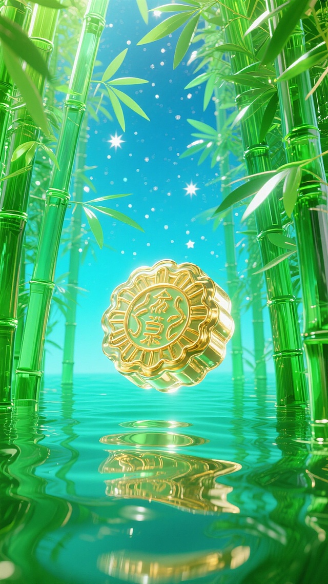 茂密的竹林深处，碧波荡漾的湖面上悬浮着一个巨大的精致的金色月饼，背景是星空，整体呈现绿色调和金色碰撞