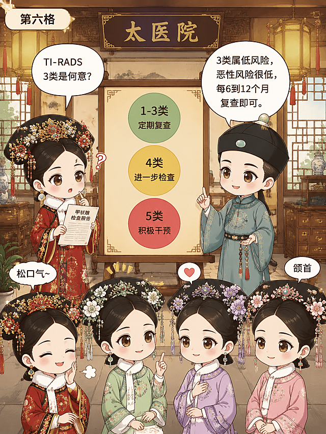 古风Q版萌系漫画，甲状腺结节科普条漫第六格。场景：太医院内，古色古香。华妃（红色华丽旗装，手持报告，疑惑表情）提问："TI-RADS 3类是何意？" 温实初太医（青色太医服，专业温和表情）站在一旁讲解。画面中央有一个木质展示板，上面用三种颜色圆形标注分类：绿色圆写"1-3类 定期复查"，黄色圆写"4类 进一步检查"，红色圆写"5类 积极干预"。温实初对话气泡："3类属低风险，恶性风险很低，每6到12个月复查即可。" 四位娘娘在旁：华妃松口气的表情，甄嬛（浅绿色旗装）微笑点头，安陵容（紫色旗装）手抚胸口稍显安心，沈眉庄（粉色旗装）端庄颔首。整体Q版古风，色彩柔和明快，分类信息清晰呈现。