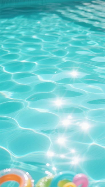 夏日阳光照射下的清澈泳池水面，呈现出由浅至深的渐变蓝绿色调，阳光透过水面形成明亮而柔和的白色光斑与扭曲的波纹纹理，水面质感通透光滑，波光粼粼，营造出清爽、明亮、宁静的夏日氛围，水中隐约可见漂浮的彩色泳池玩具轮廓，整体画面充满夏日清透感。预览效果