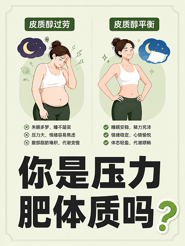 小红书笔记大字封面，插图大字，ins清新风格，版式精美，小红书笔记封面质感，适合信息流点击。重新设计为左右分栏对比构图，左侧文字标注：「皮质醇过劳」，配极简插画：人物疲惫状态、突出胖腰腹、添加失眠元素示意；右侧文字标注：「皮质醇平衡」，配极简插画：人物精力充沛状态、体态匀称、添加安睡元素示意；画面下方为大字号主标题，主标题必须完整呈现且为画面视觉中心，逐字锁定：「你是压力肥体质吗？」。主标题字号占画面约 40% 视觉权重，清晰可读，不得增删改字。背景：浅草绿色弥散浅纯色。标题排版：扁平粗黑体，深色粗标题。装饰：问号emoji贴纸在主标题右下角；另加浅灰色细线细框装饰画面边缘，位置与数量克制、不抢主标题。整体氛围：健康干货、清晰好读、生活化分享。画质：高清细腻，信息层级清晰，主标题与背景强对比，文字完整处于安全区内不可裁切，四周留安全边距。画面比例 3:4，4K。