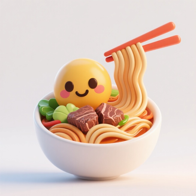 3D风格的牛肉面emoji图标，白色背景，精细刻画细节，可爱和美味预览效果