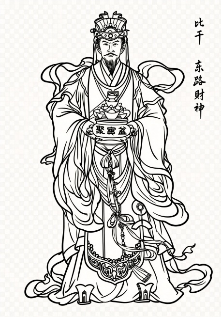保留原图像所有线条内容，将所有黑色线条加粗，输出透明背景的png图片，保持比干东路财神聚宝盆的文字和人物造型不变预览效果