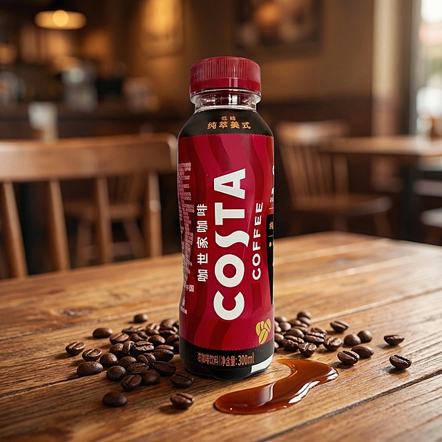 将咖啡瓶放置在温暖质感的咖啡馆木质桌面上，桌面散落着烘焙深棕色咖啡豆，旁边有少量流淌的丝滑咖啡液，整体氛围闲适有质感，不添加任何促销、卖点类文字，产品完整清晰，主体突出，背景柔和不抢戏，风格自然高级