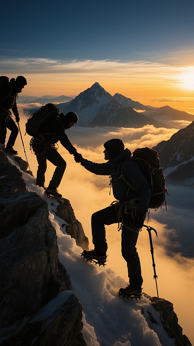 壮丽的日落时分，三位登山者的剪影正在险峻的雪山山脊奋力攀登，其中一位队员伸手拉拽同伴，展现团队协作精神，他们背着沉重的登山包，手持冰镐，脚踩冰爪，身影在金色阳光的勾勒下充满力量感，背后是连绵起伏的雪山群峰和云海，天空呈现深蓝到橙黄的渐变色彩，云层被染成温暖的金色，画面采用低角度仰拍构图，强调山峰的雄伟和登山者的坚毅，光影对比强烈，暗部细节丰富，整体氛围充满史诗感和冒险精神，雪山岩石的纹理清晰可见，远处的山峰在云雾中若隐若现，营造出壮阔而神秘的高原登山场景。