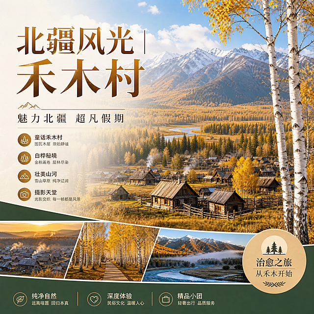 参照提供的图片版式结构，设计北疆禾木村旅游海报，融入北疆大地自然色调，展示禾木村木屋和白桦林景点，中文，标题"北疆风光 | 禾木村"，副标题"魅力北疆 超凡假期"，适合FB推广，尺寸1200px×1200px