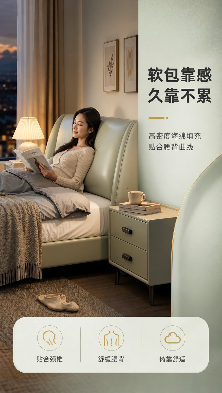 [商品] 使用【图1】浅绿色真皮软包双人床和【图2】床头柜；保… - 图片创意预览