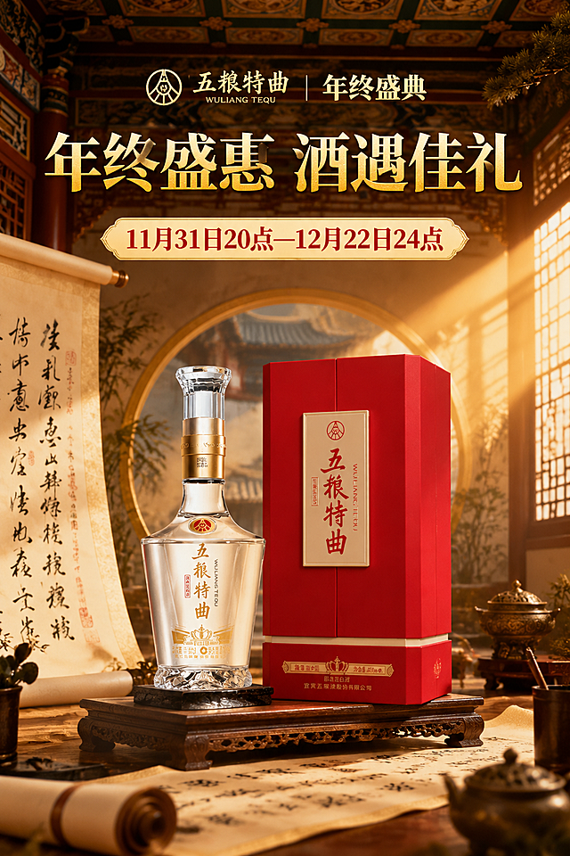 参考第一张图片的国潮中式新年电商海报风格，将第二张图片的五粮特曲白酒产品，做成和国窖海报一样的年终盛典促销海报，保留产品的品牌和文字信息，背景使用中式古典建筑，搭配书法卷轴，暖光氛围感，整体国风高端设计，保留文字：年终盛惠 酒遇佳礼，活动时间11月31日20点—12月22日24点，突出五粮特曲产品