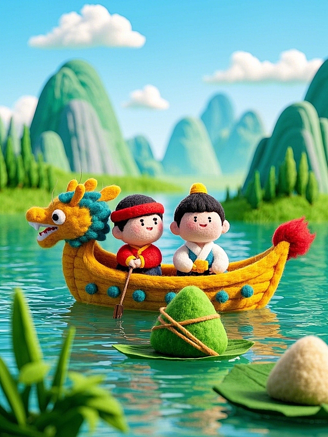 端午节插画风，可爱卡通人物划龙舟，清新拟人风格，粽叶点缀。