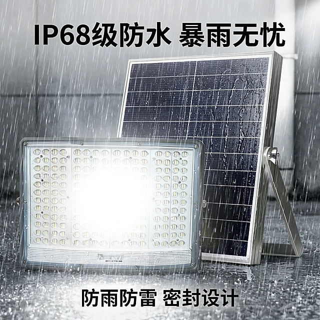 工业风硬光高对比，主体为灰色外壳192颗双珠爆亮大灯珠的400W太阳能投光灯+银色边框太阳能板，保持产品结构不变，置于暴雨测试场景，密集大雨淋在产品表面，产品外壳有水珠滑落，灯保持点亮状态，背景是灰色户外墙面。文字版式：顶部大号粗黑体大字「IP68级防水 暴雨无忧」，底部小字标注「防雨防雷 密封设计」，白色无衬线字体，悬浮在画面上方，不遮挡产品。背景全屏无边框，光影突出防水测试的真实感和产品的耐用性