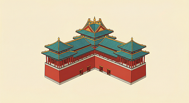 故宫四角角楼，严格保持角楼真实建筑形态，参考图提供的国潮扁平插画风格，浅米黄底色，红墙青瓦，干净简约单角楼居中构图