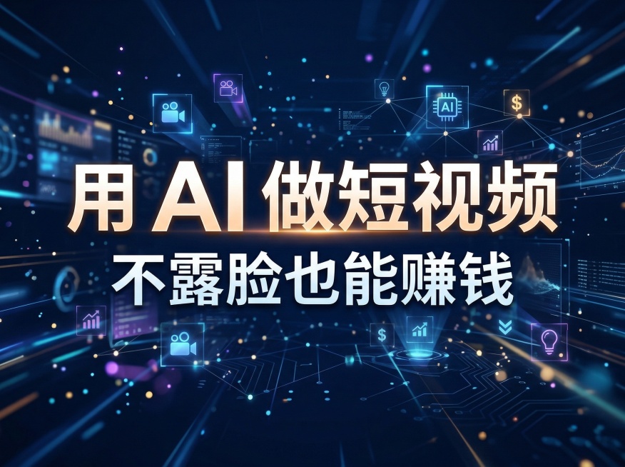 智能化背景图，画面包含清晰醒目的文字"用 AI 做短视频 不露脸也能赚钱"，科技感风格，简洁现代的设计背景预览效果