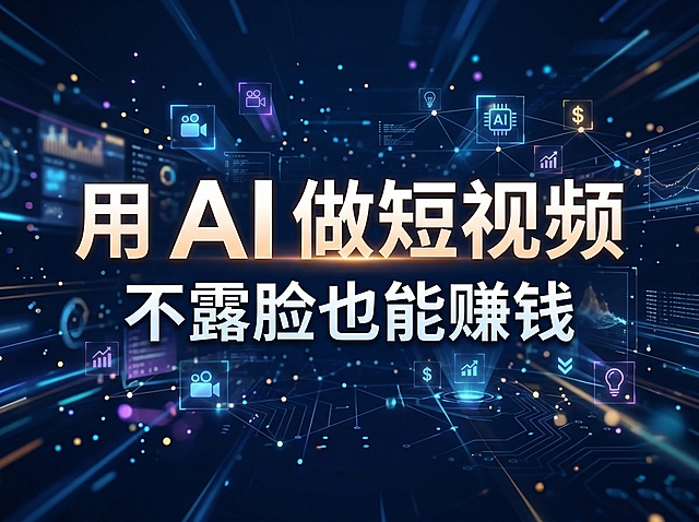 智能化背景图，画面包含清晰醒目的文字"用 AI 做短视频 不露脸也能赚钱"，科技感风格，简洁现代的设计背景