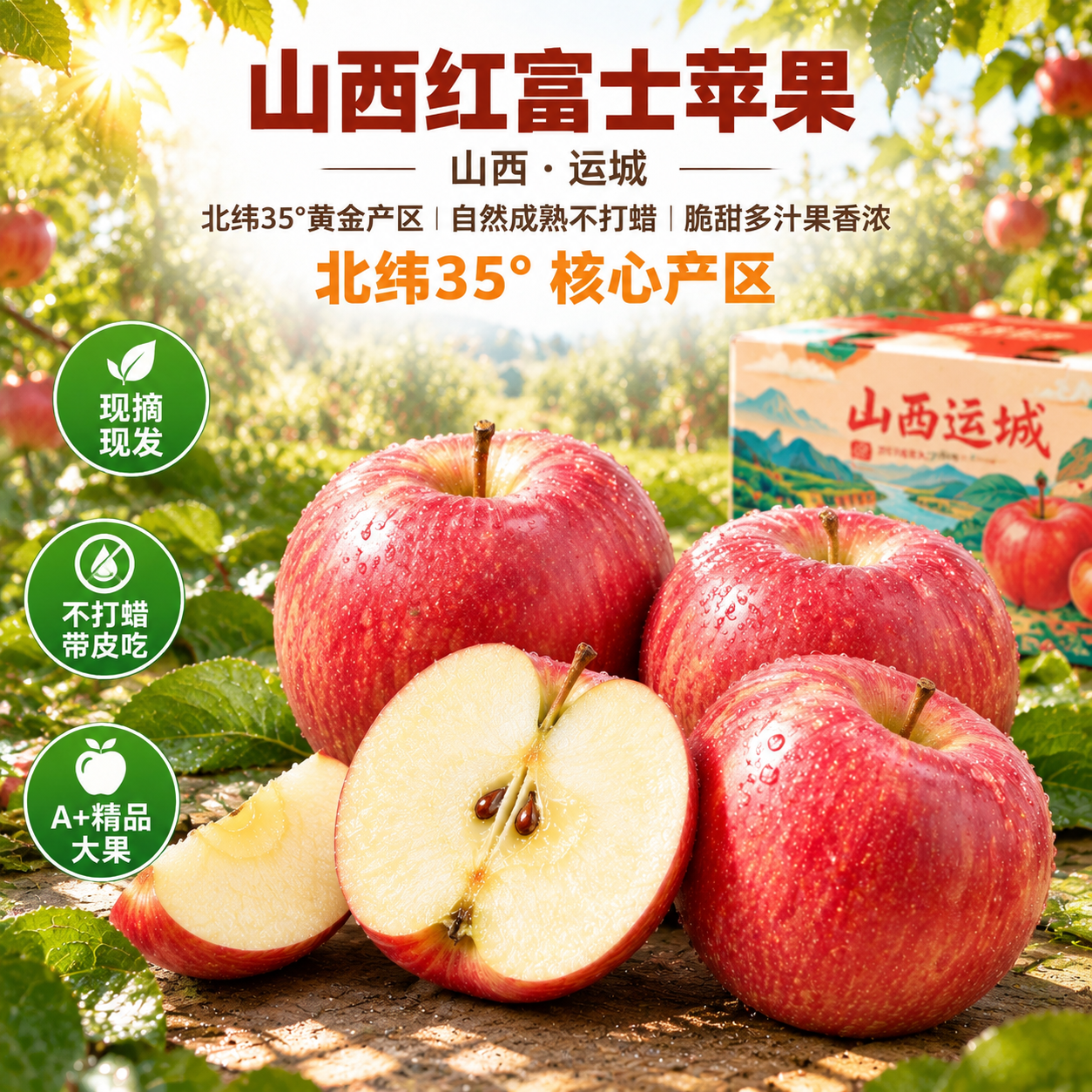 [主图-1] 阳光穿透树梢果园场景，突出山西红富士苹果新鲜自然… - 图片创意预览