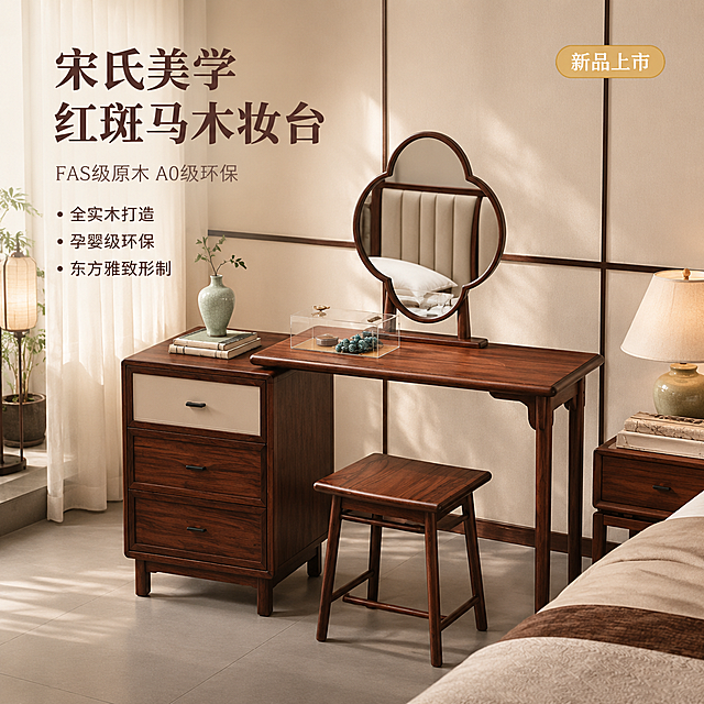 [主图-1] 宋氏美学红斑马木梳妆台凳套装空间场景首图
[氛围风格] 宋氏美学新中式东方雅致意境，温馨暖调，高级实木质感，静谧午后书房卧室场景
[画质] 商业摄影质感、光线柔和通透、产品清晰真实、画面干净高级、超高清细节
[元素] 红斑马木梳妆台凳套装（含梅花形妆镜+左侧三斗柜妆台+实木方凳）居中偏右摆放，产品外观（物理结构、材质质感、颜色、梅花形妆镜造型、三斗抽屉布局、方凳形状）与输入产品图保持绝对一致，杜绝任何变形和色差，精细化处理。背景为宋式新中式卧室空间：米白色亚麻纱帘透进柔和自然光，浅灰色哑光地砖，背景墙为米白色硬包搭配深木色格栅线条；左侧三斗柜上摆放青瓷小花瓶与线装书；妆台台面放置透明亚克力首饰盒与玉石摆件；右侧搭配同色系实木床头柜，上面摆放陶瓷台灯与叠放的棉麻床品；前景右下角露出米色亚麻床品一角；左侧背景处有中式落地灯与绿植盆栽点缀；软装丰富但不抢主体。商品主体占比约65%，画面满屏无边框。
[光影] 午后侧窗自然光为主光源，经亚麻纱帘柔化，光线温暖柔和，在木纹表面形成细腻高光；右侧补光弱化阴影，整体光比舒适，暗部有层次，实木纹理通透有质感，无廉价HDR效果
[配色] 主色调：红斑马木暖棕褐色；辅助色：米白、浅灰、青瓷绿、暖金色
[视角构图] 45°斜侧平视视角，产品为视觉中心，前中后景分层，景深中等，背景适度虚化突出主体，产品轮廓完整不裁切
[文字版式] 左上负空间左对齐留安全边距，主标题大字「宋氏美学 红斑马木妆台」深棕色最大号粗宋体；副标题「FAS级原木 A0级环保」约半高、同色系略浅、细宋体；下方三个亮点短句配圆点符号：「全实木打造」「孕婴级环保」「东方雅致形制」。右上角金色圆角胶囊标签「新品上市」白字。文字全部放在负空间，不遮挡产品主体。
[输出要求] 1:1比例，文字清晰锐利可辨，超高清商业摄影质感
[负向提示词] 变形，文字错乱，产品图模糊，背景杂乱，水印，电商平台Logo，梅花镜变形，抽屉数量错误，颜色偏差