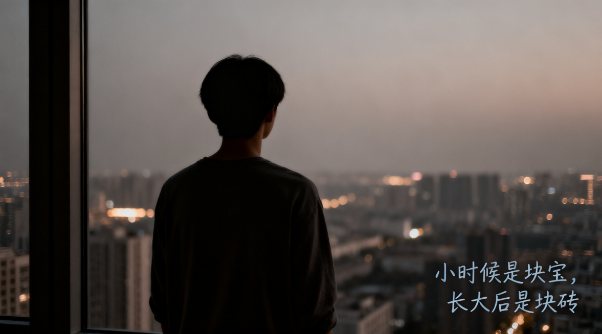 治愈温柔暗调极简高级情感风格，横版，一个年轻成年人的背影站在城市高楼窗边望向远方，没有露脸，远处城市灯光温柔，画面安静氛围感，画面点缀小字"小时候是块宝，长大后是块砖"，整体色调为暖灰色调，低饱和度，预览效果