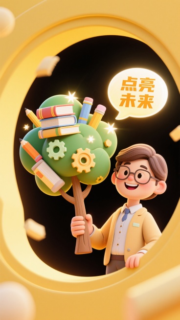 手绘插画教师节设计，卡通教师形象手持智慧树，树冠由知识符号组成，标题 “点亮未来” 采用气泡字体，暖黄色主色调，环形构图预览效果