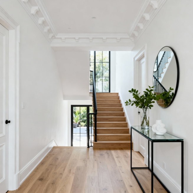 现代简约风格的住宅走廊，整体氛围明亮整洁：露出白色平坦天花板，
空间布局：走廊，地面是浅色木质地板，墙面为纯净的浅白色，搭配白色吊顶与装饰性檐口线条，视觉上显得开阔通透。
核心元素：走廊尽头连接着木质预览效果