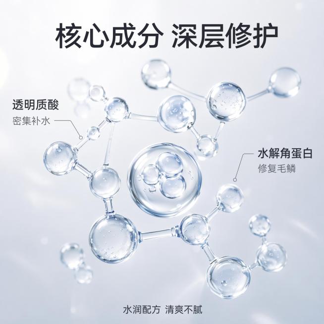 [主图-2] 臻滑肽顺滑发膜核心功效成分解析图。氛围风格：科研硬核感，极简干净亮调，通透水润。画质：超写实3D渲染质感，清晰锐利，细节丰富。元素：画面中心放置3D透明水分子和水解角蛋白分子结构，错落悬预览效果