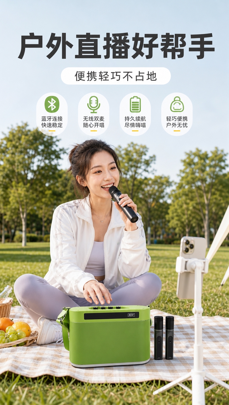 [商品] 使用【图5】闻歌户外K歌蓝牙音箱，果绿色主机 + 2… - 图片创意预览