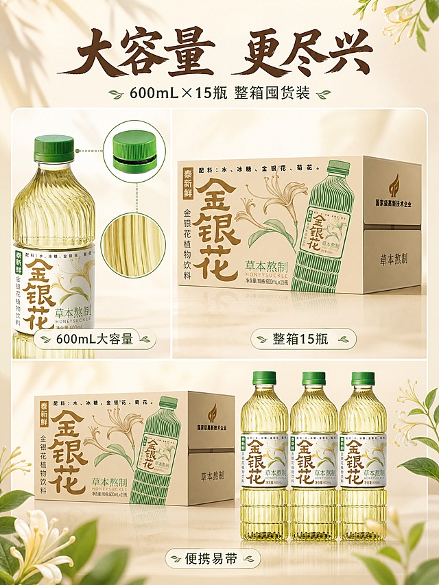 [商品] 使用【图1】泰新鲜金银花植物饮料单瓶+整箱；保留全部包装外观、颜色、Logo、文字，清晰完整；额外展示瓶盖细节、瓶身竖纹纹理细节。
[画面] 目标：包装细节与全家福展示，突出600mL大容量与整箱囤货装。构图：包装全家福型，画面上方左侧是单瓶特写（展示瓶身竖纹纹理和绿色瓶盖细节，占35%），上方右侧是整箱包装正面（占35%），下方是整箱+3瓶单瓶组合陈列（占30%）；3个区域用细线分隔，每个区域下方有小标签说明；背景为浅米杏色台面，带柔和倒影，角落点缀金银花和绿叶；≥3层视觉层次（前景花草装饰/中景产品组合/背景渐变墙面）。
[视觉] 套系策略：风格=清新自然草本风商业摄影；标题字=手写感书法宋体（粗）；正文字=简洁无衬线体；主色=暖米杏；背景延展=基于暖米杏做深浅渐变、同色系纸张质感和柔和光斑；强调色=草木绿，仅用于小面积图标、引线、标签和装饰线条；标题色=深棕褐；正文色=中暖灰；组件=圆角浅底信息卡、细线引线、草本叶片装饰；光影=左前侧柔光，产品质感通透，阴影自然。
[文字] 顶部主标题"大容量 更尽兴"，副标题"600mL×15瓶 整箱囤货装"；3个区域标签分别为：「600mL大容量」「整箱15瓶」「便携易带」；文字全部横排，手机端可读。
[规格] 图片比例3:4竖版，4K，负向提示：避免变形、错字、文字过小、冷蓝背景、包装文字错乱、产品比例失调。