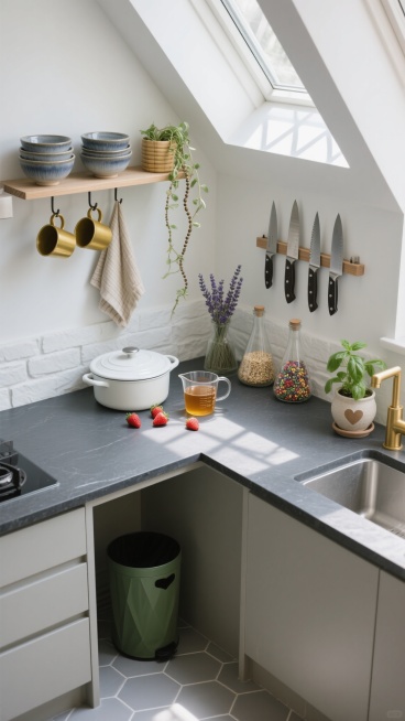 俯视角构图，在一个极简北欧风格的L型厨房转角，阳光从倾斜的天窗洒落形成菱形光斑，照亮深灰色哑光石英石台面。左侧悬挂式置物架上，三个手工陶瓷碗（灰蓝渐变釉面）叠放成螺旋状，旁边倒挂着两个黄铜咖啡杯和一把竹纤维餐布。右侧墙面安装着模块化磁吸刀架，整齐吸附着五把不同尺寸的日本旬刀，刀刃反射出冷冽的金属光泽。台面上，几何造型的白色珐琅锅旁散落着几颗带叶草莓，透明玻璃量杯里盛着琥珀色蜂蜜，旁边是一株垂吊……预览效果