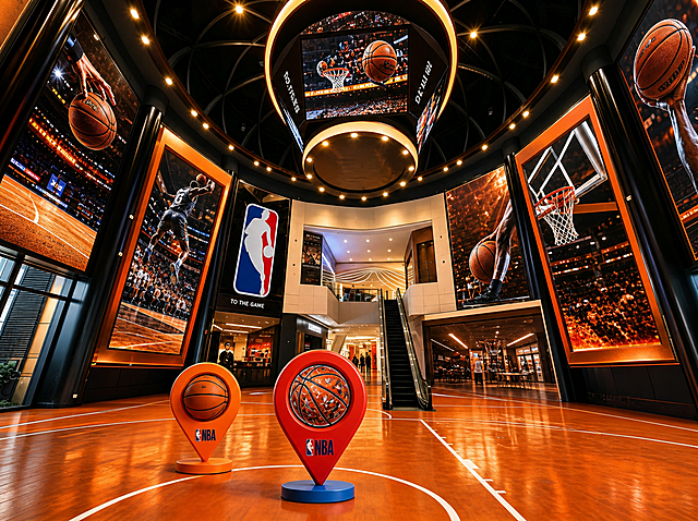去除图片右下角水印，将整体调整为NBA篮球风格，保留商场中庭篮球主题美陈设计，所有展示画面都替换为篮球运动内容，强化NBA篮球氛围和橙黑撞色设计