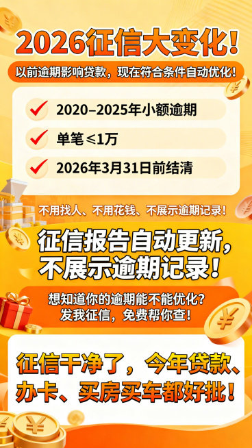 一张征信服务宣传海报，顶部大字号突出“2026征信大变化！”，下方用醒目字体展示“以前逾期影响贷款，现在符合条件自动优化！”，接着用三个带对勾的条目列出“✅ 2020–2025年小额逾期
✅ 单笔≤1预览效果
