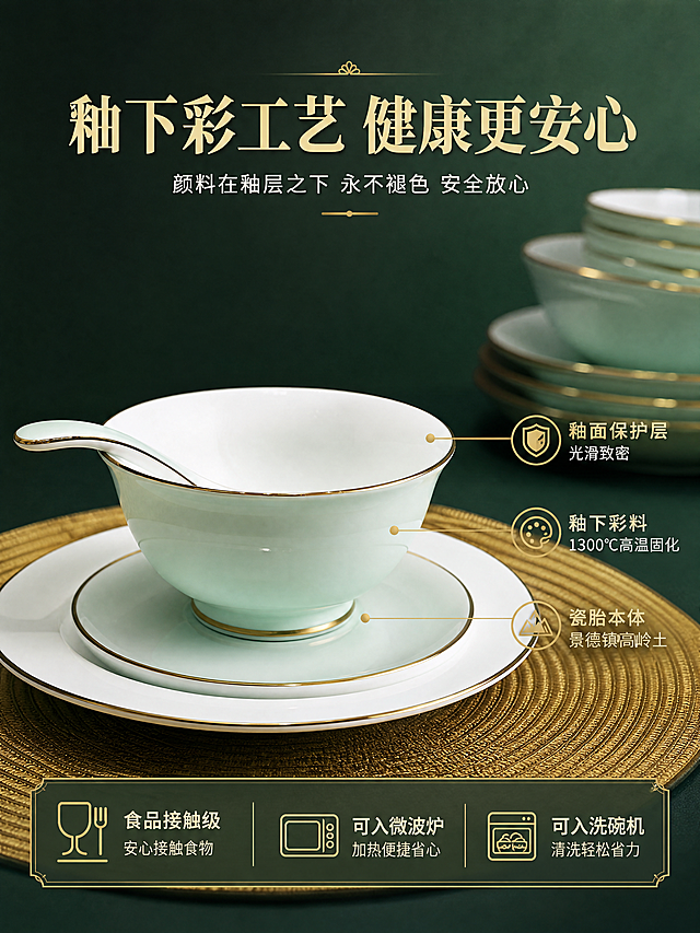 [商品] 使用【图5】碗盘勺组合；保留碗的影青釉色、金边收口、白色内壁、金色底足，勺子的影青柄和金边；增强釉面温润质感，不改变器型结构。
[画面] 目标：釉下彩工艺详解页。构图：上标题+中产品特写+下工艺说明。主体位置：画面中部，碗+勺+盘组合。主体占比：约55%。景别：中景。阅读动线：从上至下。前中后景：前景金色餐垫，中景碗盘主体，后景墨绿色背景和叠放的碗盘。场景：产品工艺展示场景。
[视觉] 套系策略：风格=新中式轻奢高级商业摄影；标题字=宋体粗体衬线字；正文字=简洁黑体；主色=影青淡青绿；背景延展=基于墨绿色做深浅渐变、哑光质感背景墙；强调色=金色，仅用于金边、图标、引线和标题点缀；标题色=米金色；正文色=米白色；组件=细线引线、金色图标、中式分隔线；光影=左前侧暖柔光，釉面高光自然。
[文字] 顶部主标题"釉下彩工艺 健康更安心"，副标题"颜料在釉层之下 永不褪色 安全放心"，画面右侧三条引线标注工艺："釉面保护层 光滑致密"、"釉下彩料 1300℃高温固化"、"瓷胎本体 景德镇高岭土"，底部补充"食品接触级 可入微波炉洗碗机"，文字横向排版。
[规格] 图片比例3:4竖版，4K，避免变形、错字、文字过小、器型失真、釉色偏差。